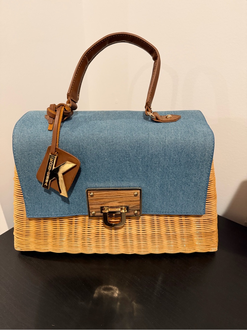 Kontessa Denim & Wicker Top-Handle Satchel - Brown Trim